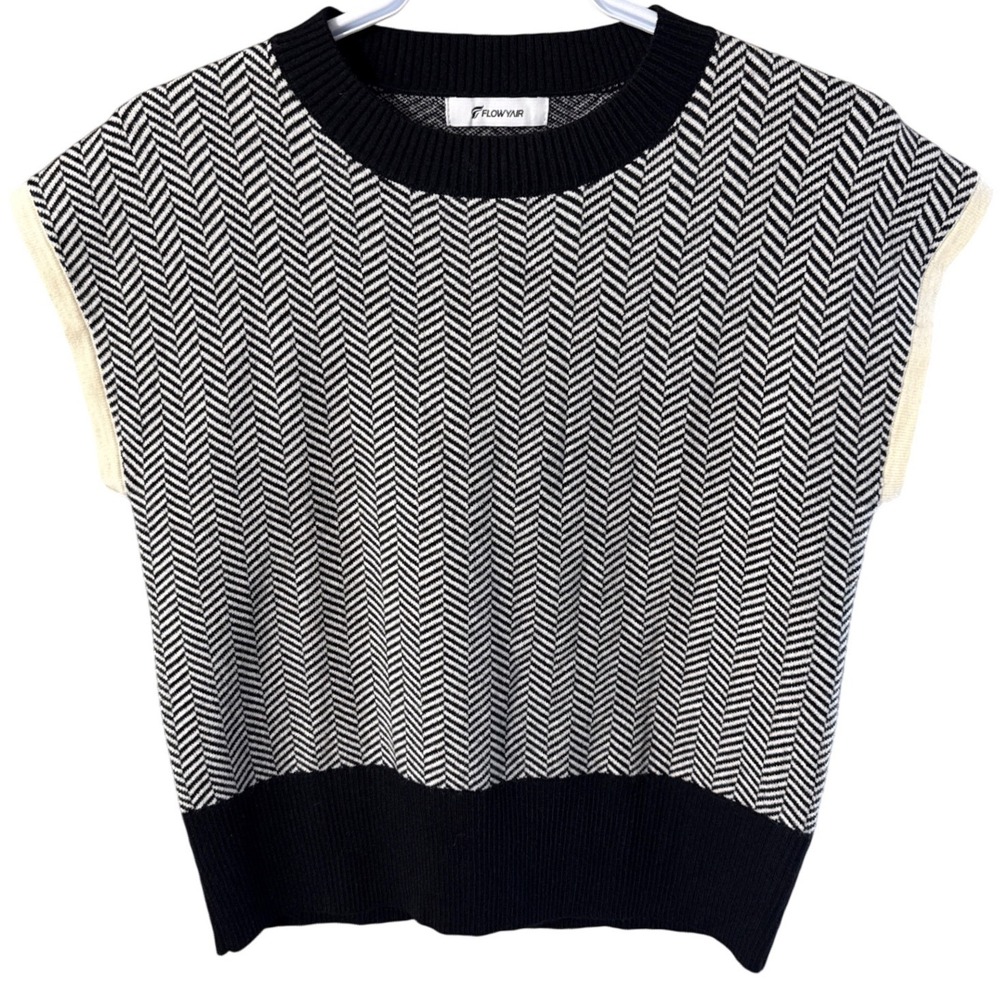 Flowyair Women Black White Herringbone Knit Sweater Vest Cropped RT5894 Size S